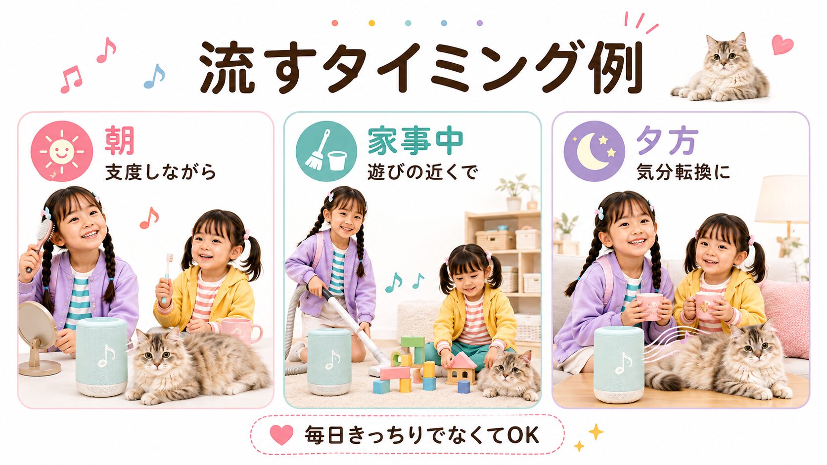 0歳のおうち英語のかけ流しを朝・家事中・夕方に取り入れる例