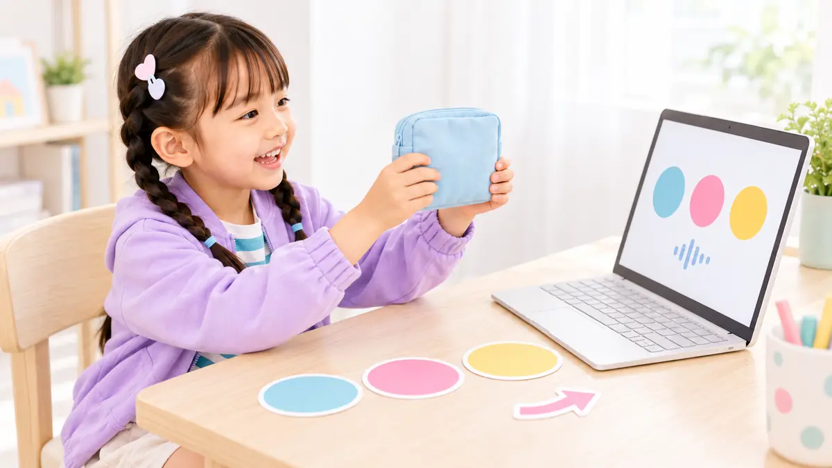 家にある青い物を端末に向けて見せる5歳頃の長女