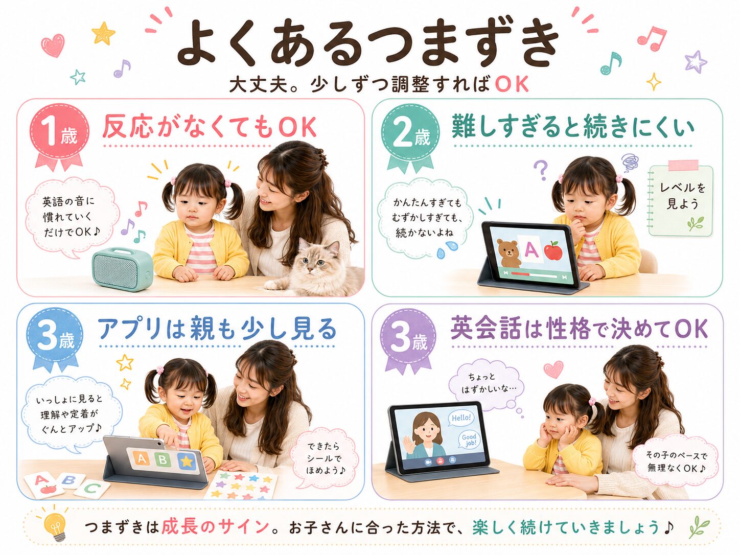 1歳から3歳のおうち英語で起こりやすいつまずきと対処法をまとめた図解