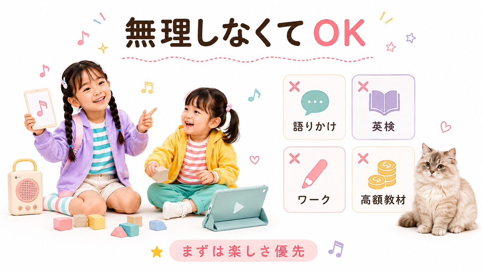 1歳から3歳のおうち英語で語りかけ・英検・ワーク・高額教材を無理にしなくていいことを示す図解