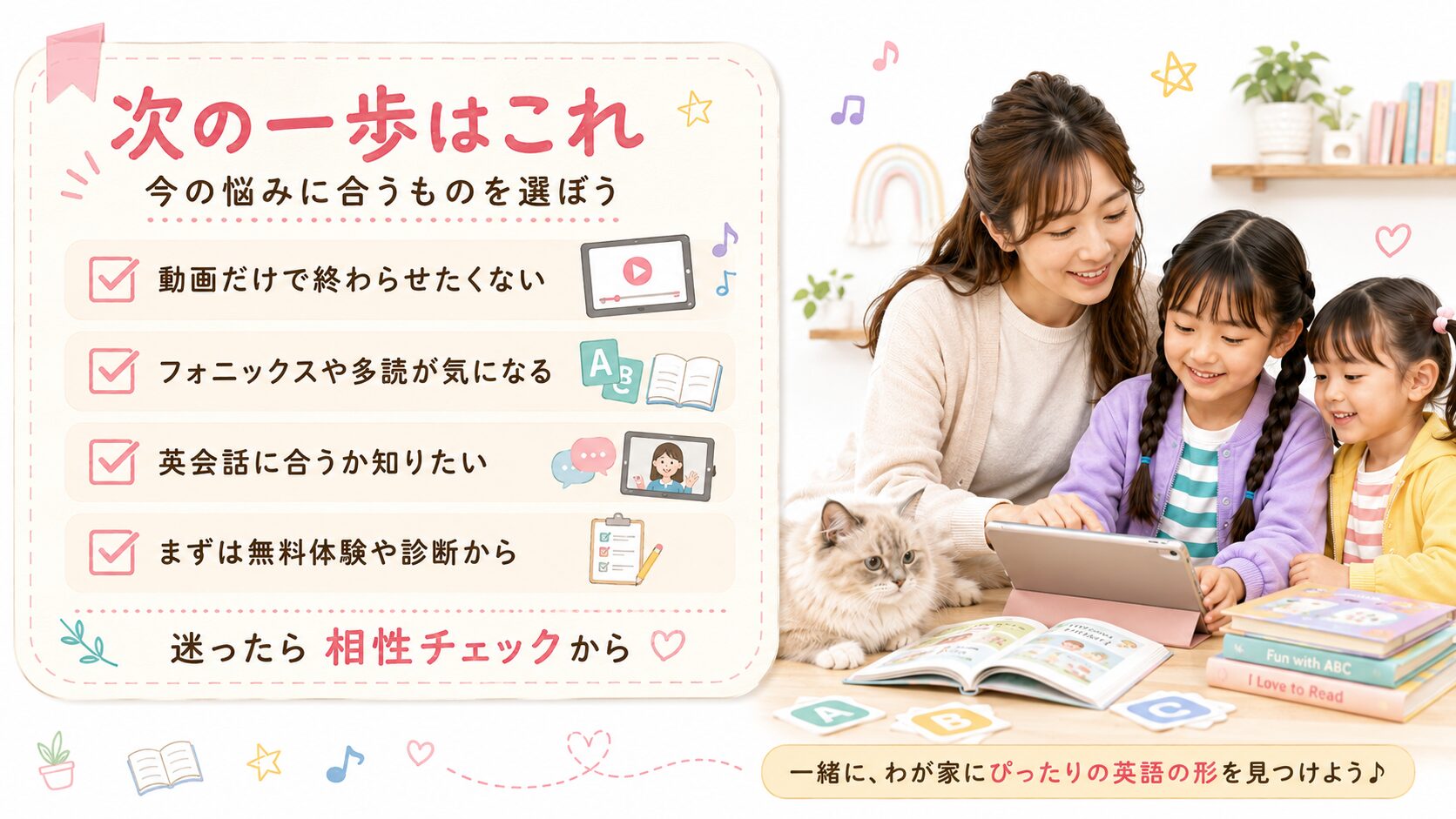 おうち英語の次の一歩として、フォニックス、多読、オンライン英会話の検討を助ける判断補助画像