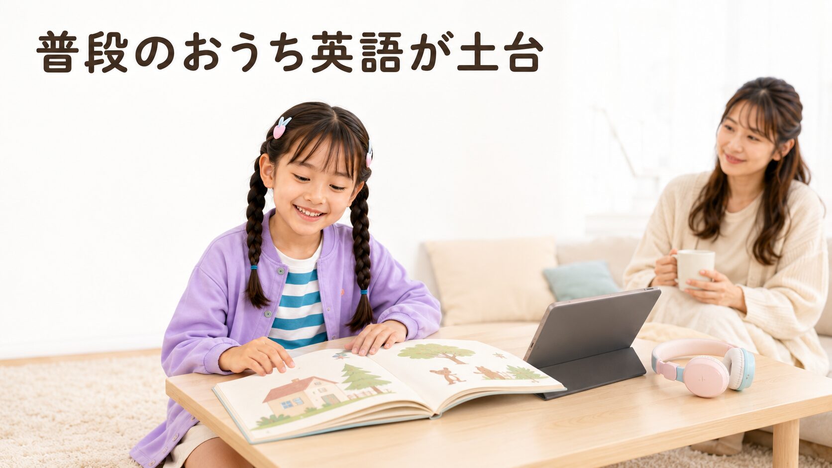 英語動画や多読など普段のおうち英語を続ける長女と見守る母