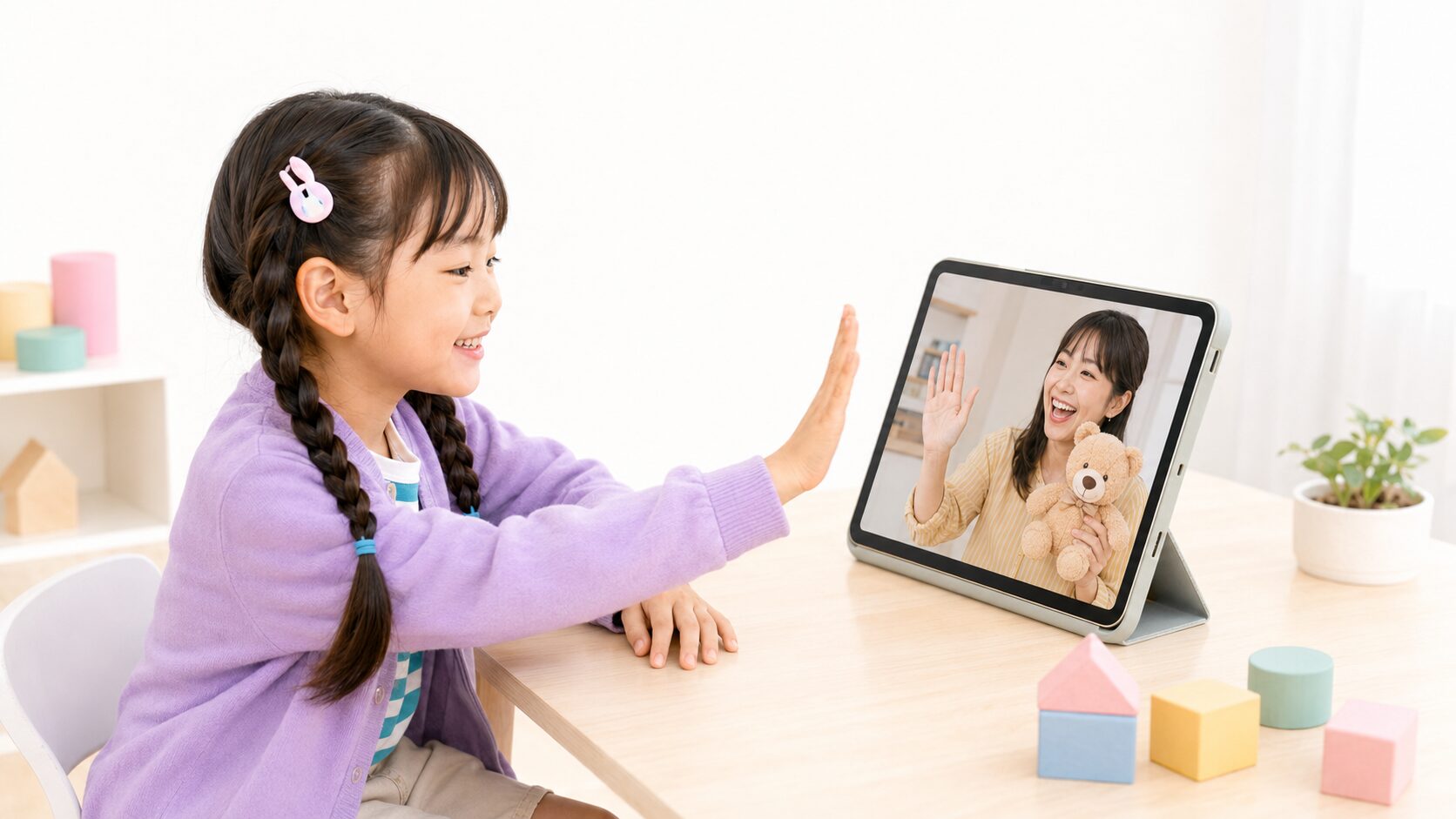 先生がぬいぐるみとハイタッチで長女の反応を引き出す
