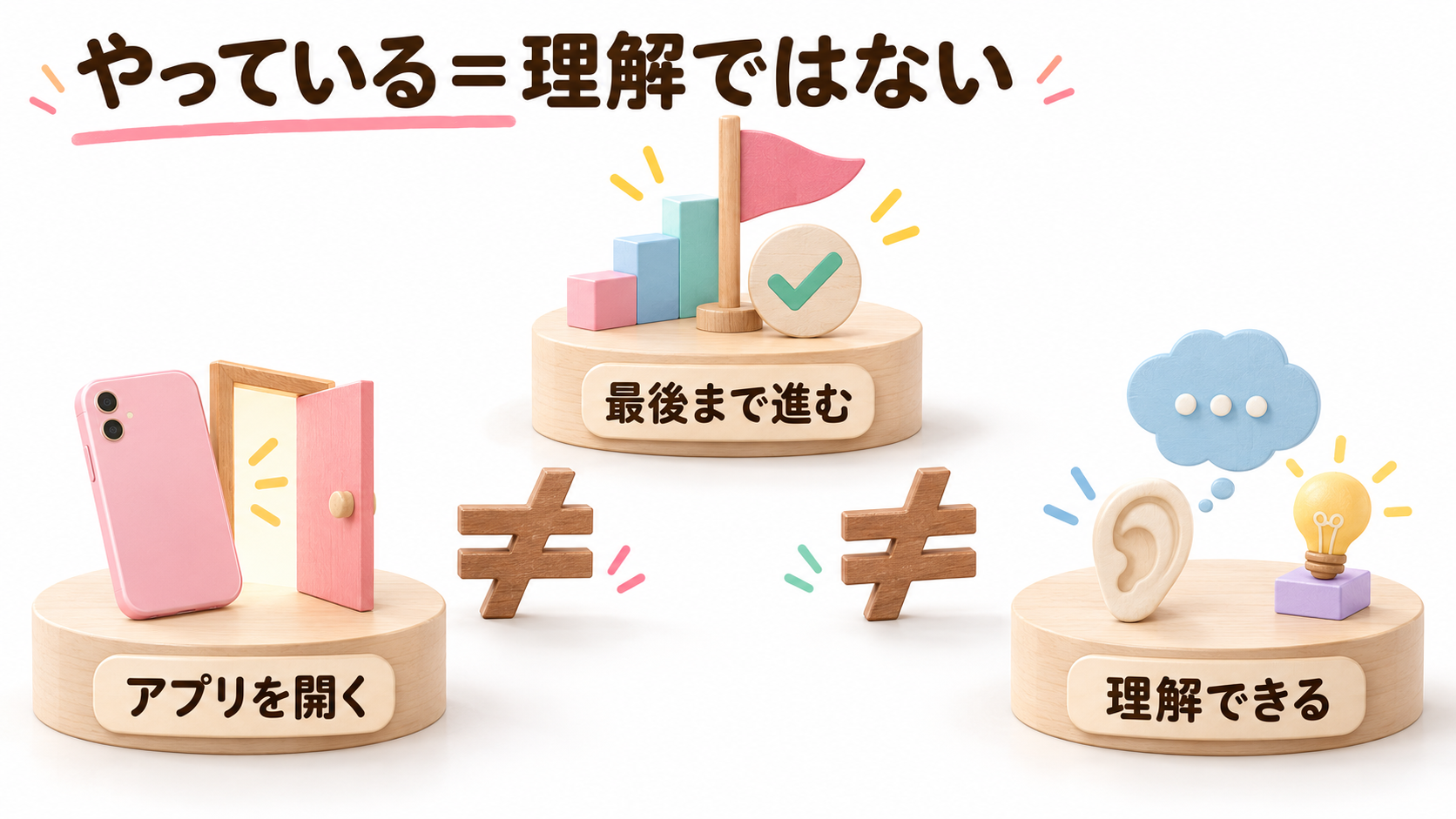 アプリを開く、最後まで進む、理解することはそれぞれ別だと示す図