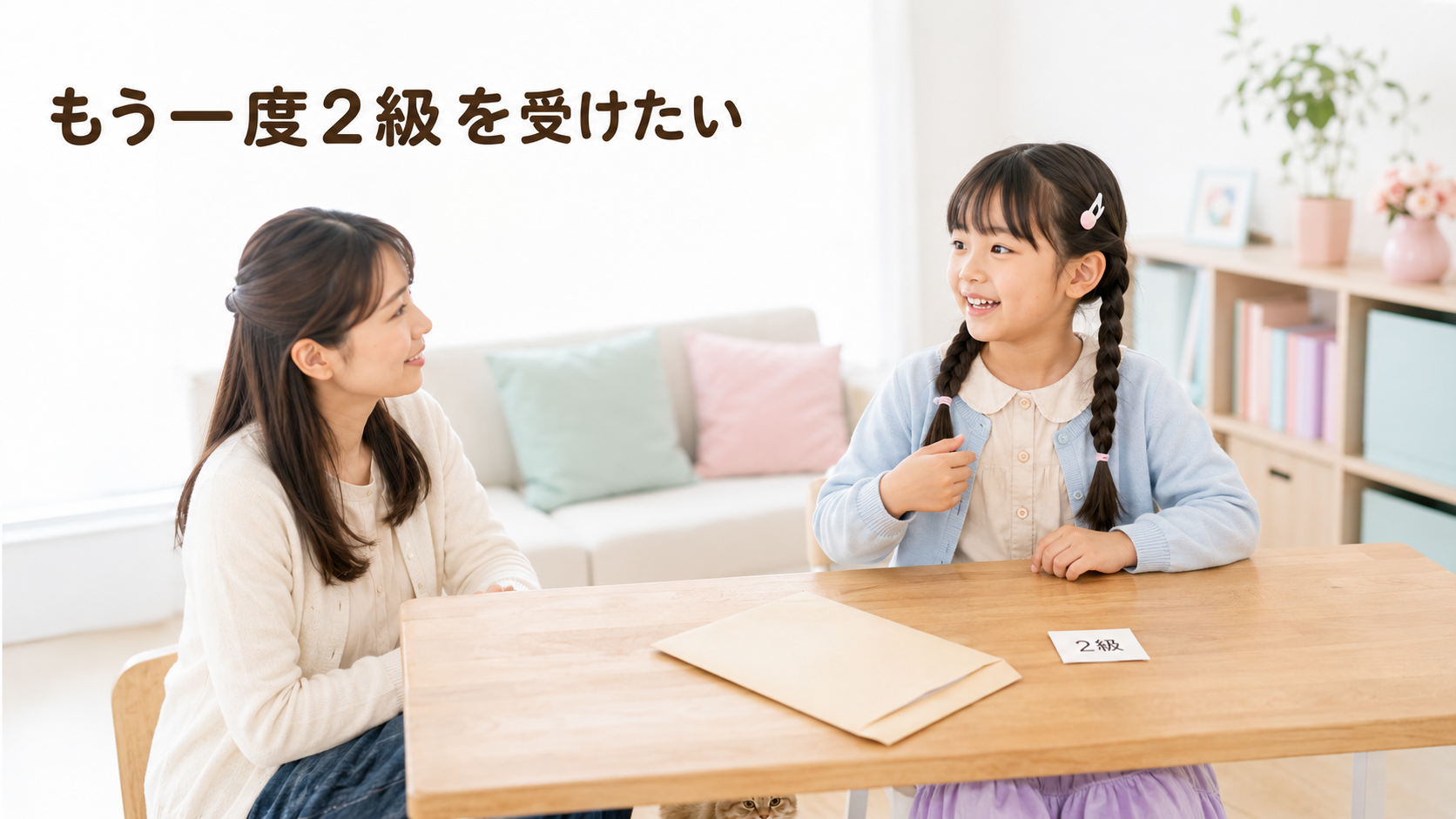 英検2級の不合格後も、もう一度受けたいと母に話す長女