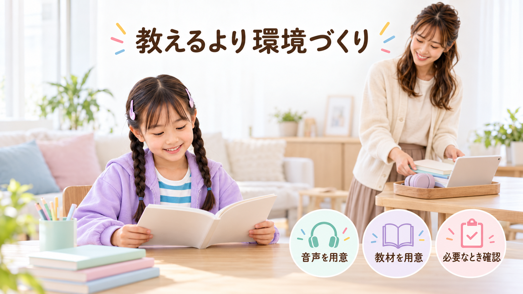 母が音声や教材を用意し、必要なときだけ理解度を確認する様子