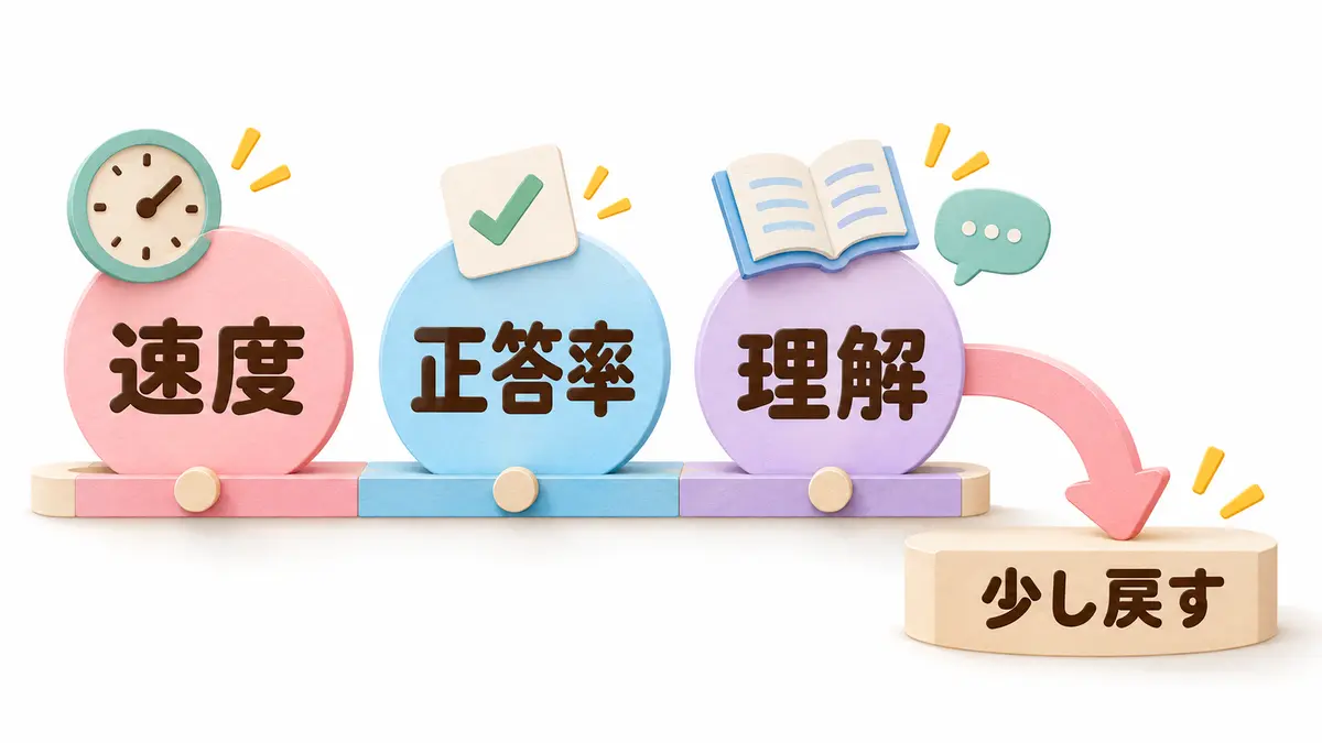 読む速さ・正答率・理解から教材レベルを見直す流れ