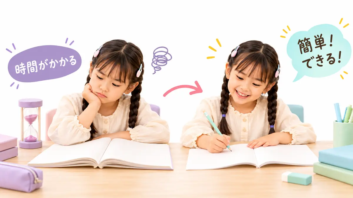 難しい紙ワークから合うレベルに替えて前向きになる姉