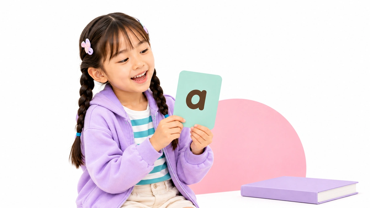 小文字aのカードを持ち、文字に視線を向けながら音を楽しむ子ども