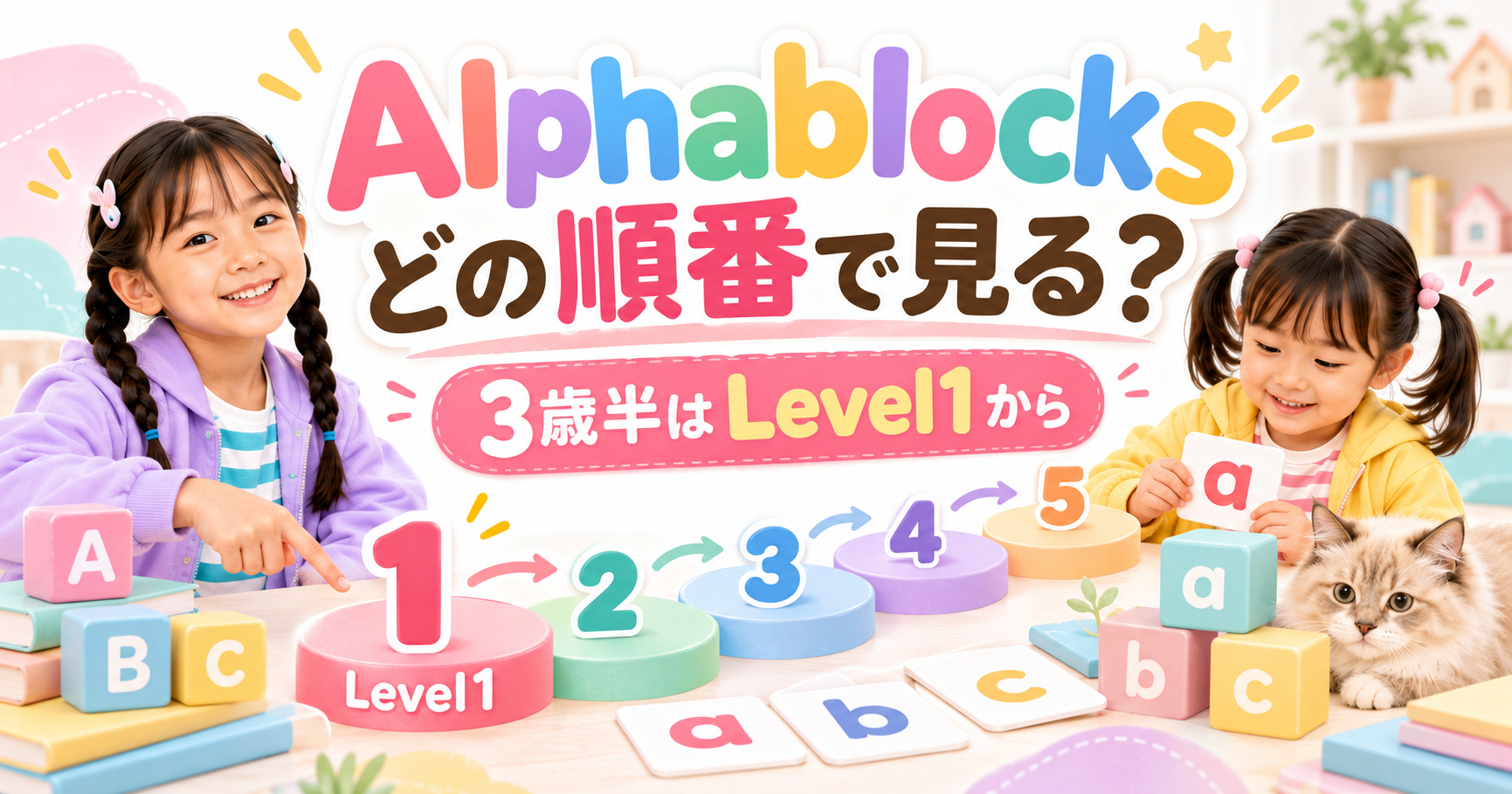 最初はLevel1から始める見出しと、文字カードや再生記号に触れる姉妹
