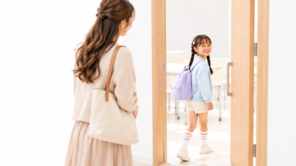 教室へ向かう長女を入口で見守る母。慣れた会場という条件を表す再現場面