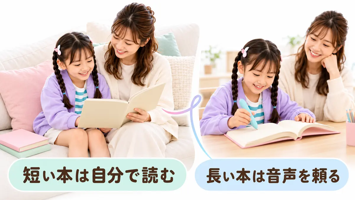 短い本は母が読み、長い本は音声ペンを使い分けた様子